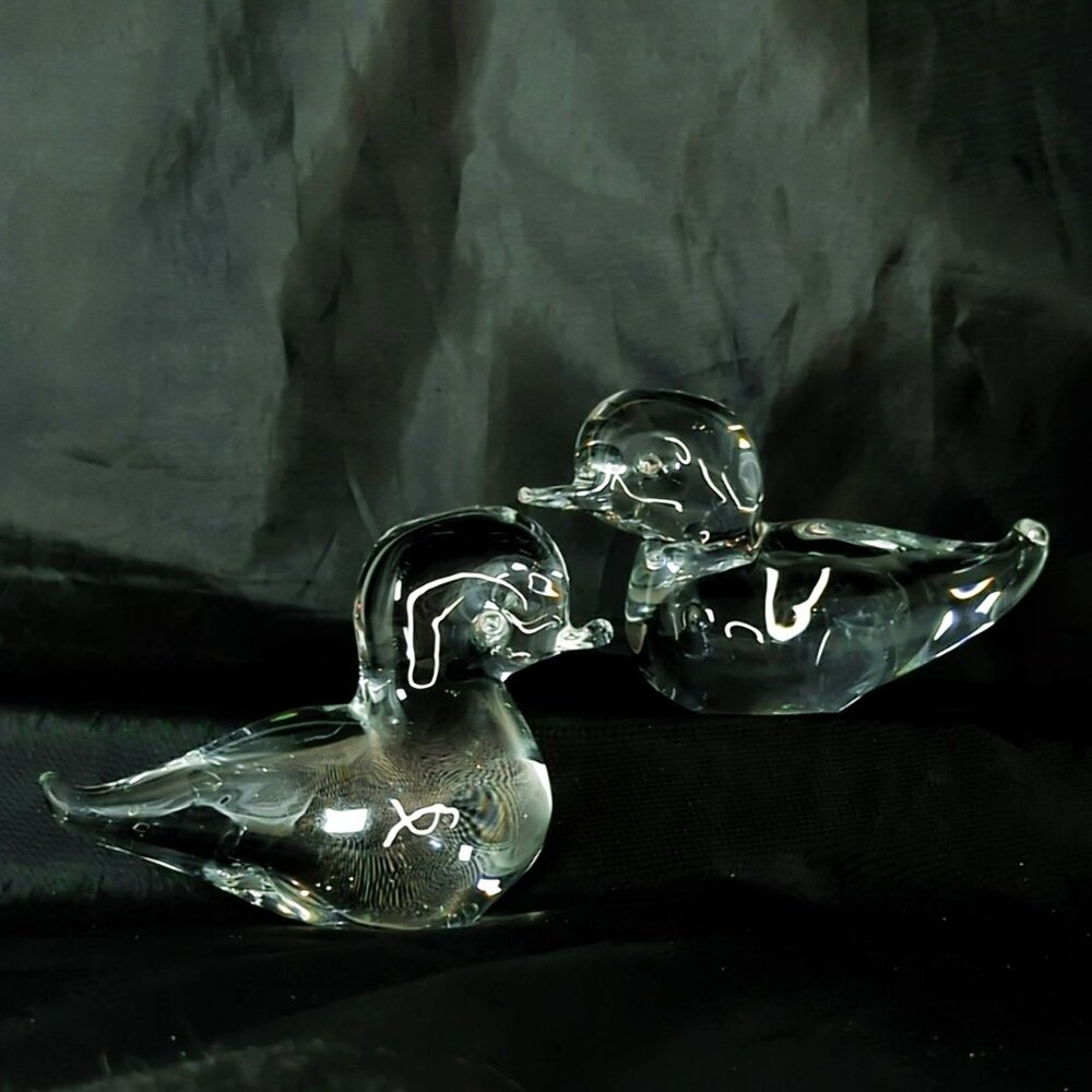 Vintage Hand Brown Crystal Clear Glass Duck Paperweight Figurines Decor
